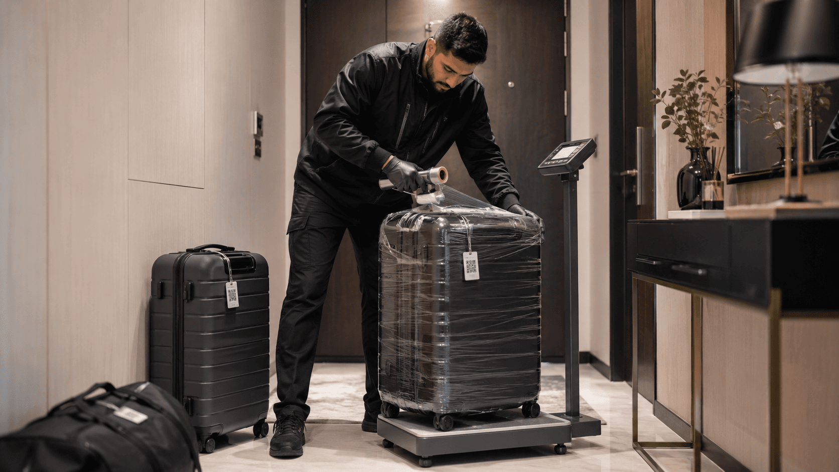 Chauffeur Bagage Voyage emballant et pesant un bagage à domicile